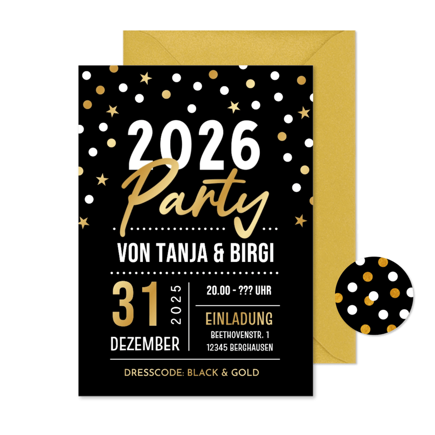 Einladungskarte Silvesterparty Schwarz & Gold - Karteneindruck
