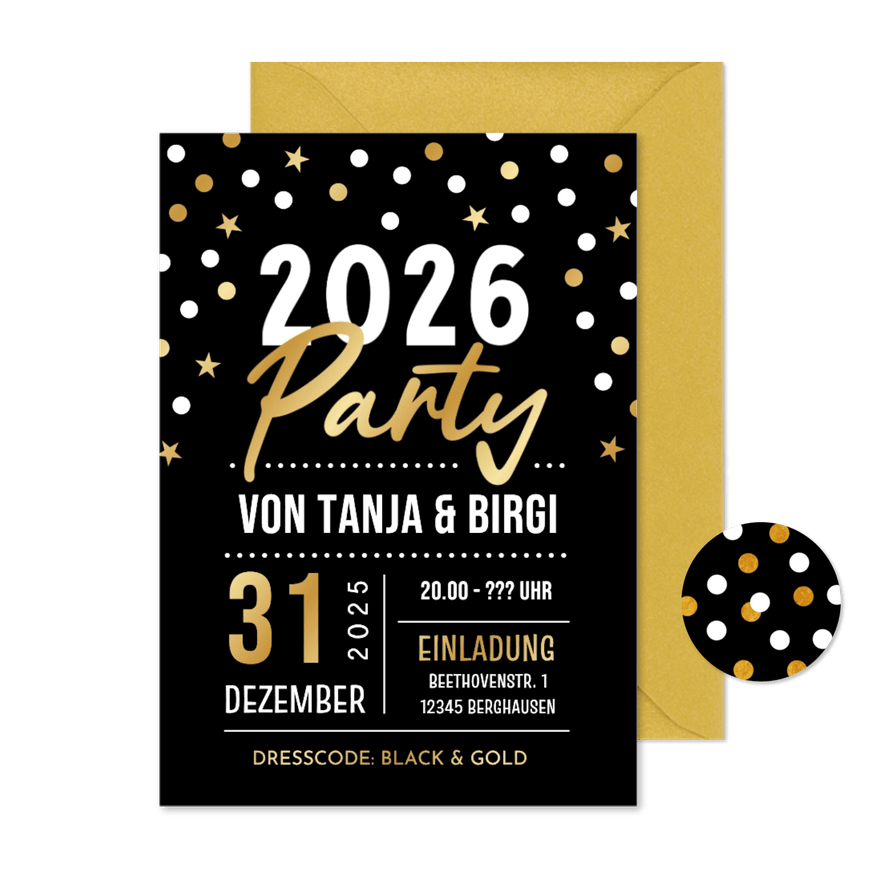 Einladungskarte Silvesterparty Schwarz & Gold - Karteneindruck
