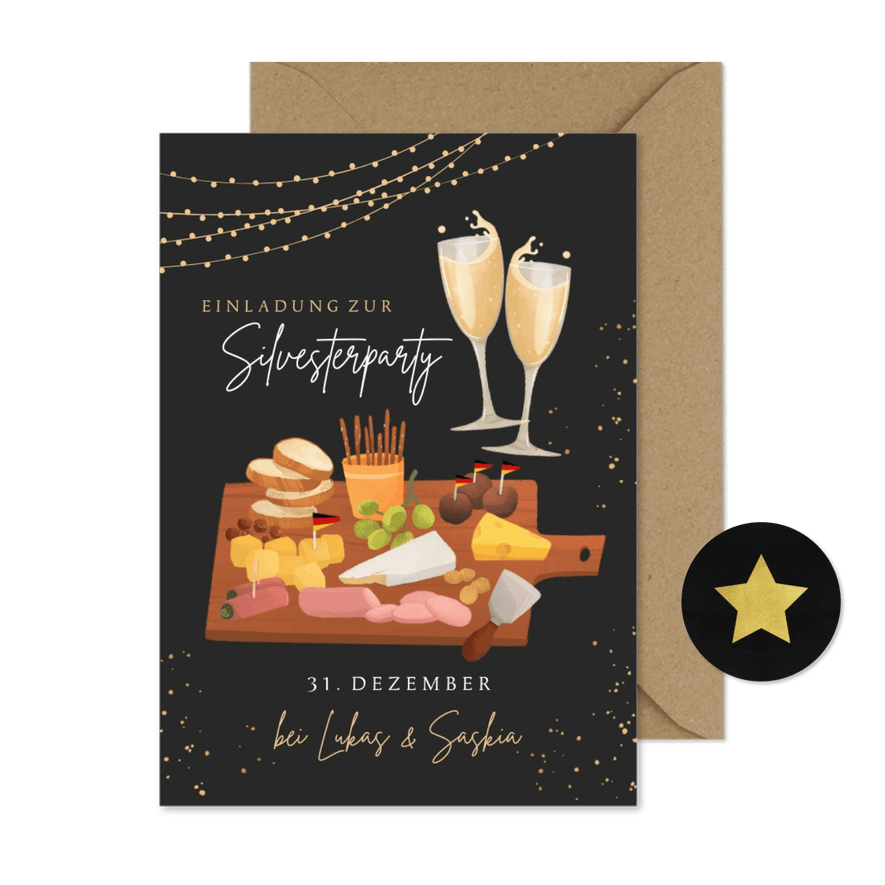 Einladungskarte Silvesterparty Sekt & Häppchen - Kartenvorschau