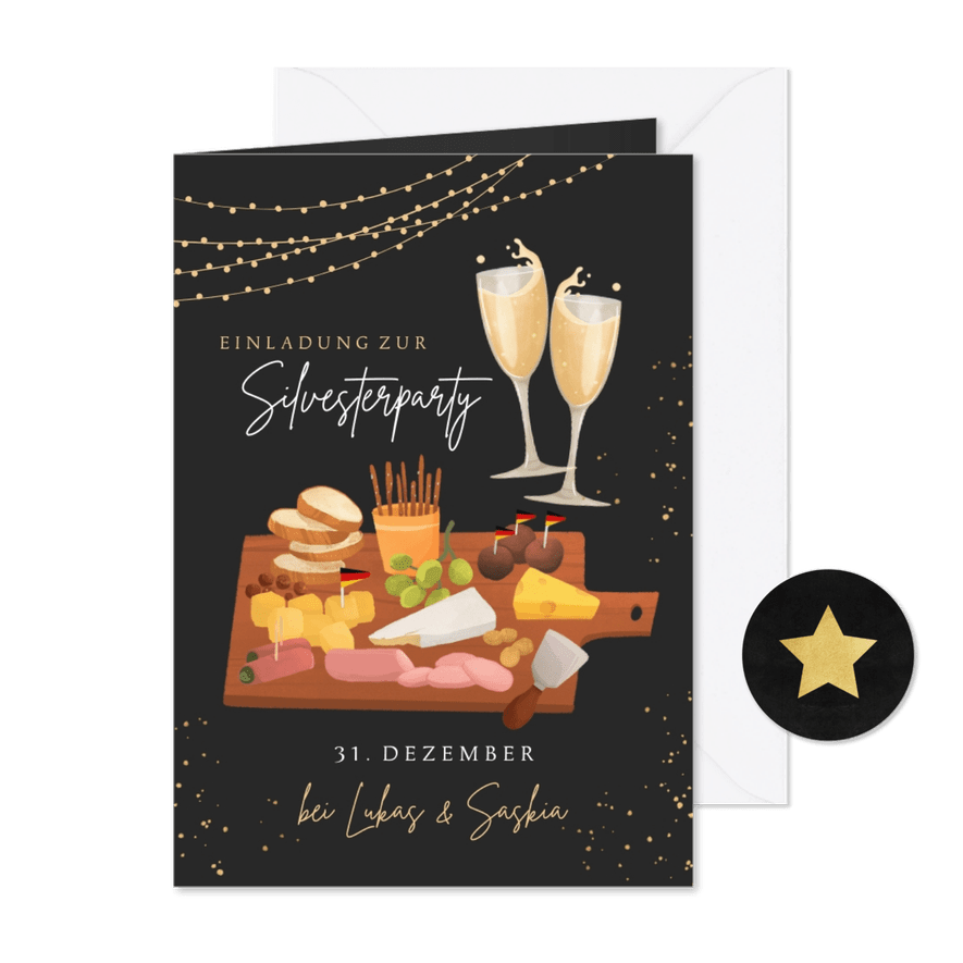 Einladungskarte Silvesterparty Sekt & Häppchen - Karteneindruck