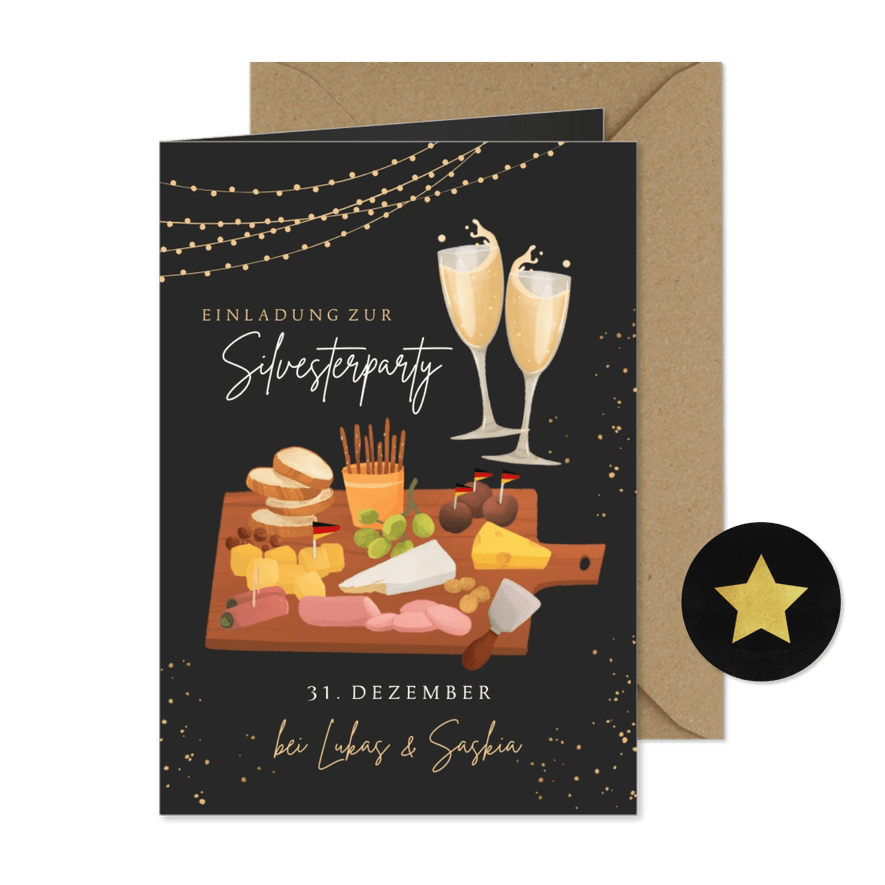 Einladungskarte Silvesterparty Sekt & Häppchen - Karteneindruck
