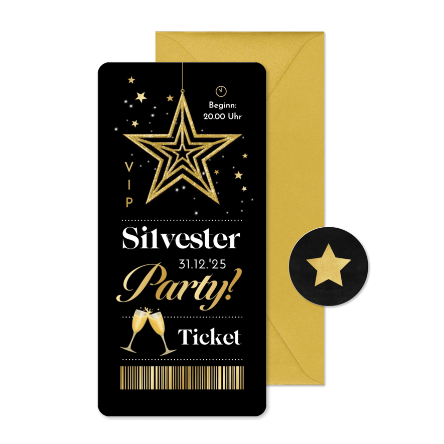 Einladungskarte Silvesterparty VIP-Ticket gold - Karteneindruck