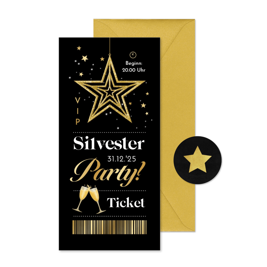 Einladungskarte Silvesterparty VIP-Ticket gold - Karteneindruck

