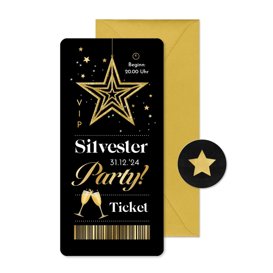 Einladungskarte Silvesterparty VIP-Ticket gold - Karteneindruck
