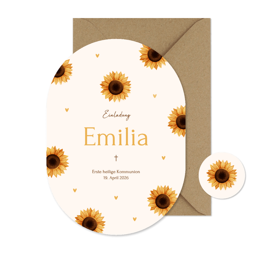 Einladungskarte Sonnenblumen Kommunion Oval - Karteneindruck
