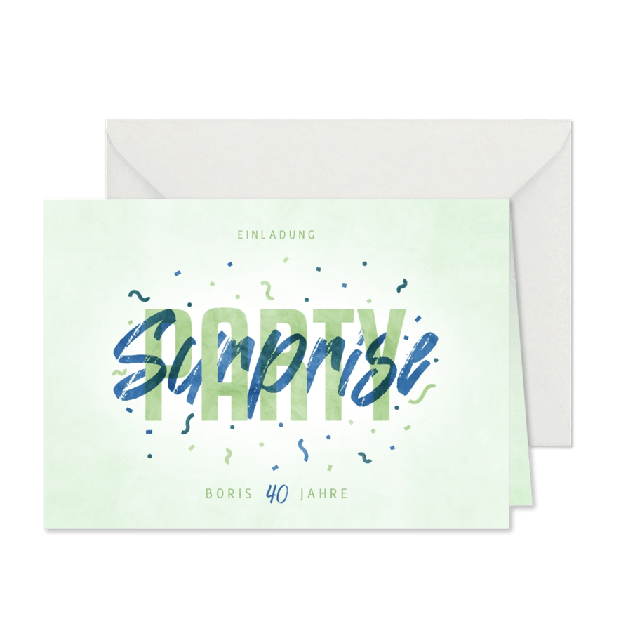 Einladungskarte Surpriseparty blaugrüne Konfetti  - Karteneindruck
