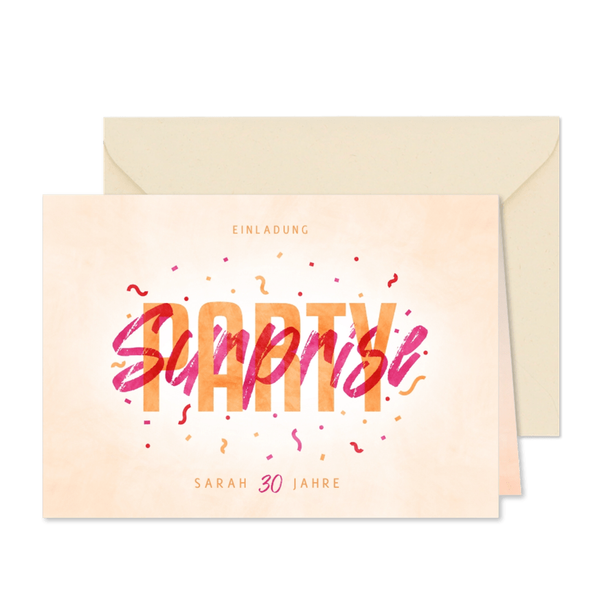 Einladungskarte Surpriseparty pinkfarbene Konfetti - Karteneindruck