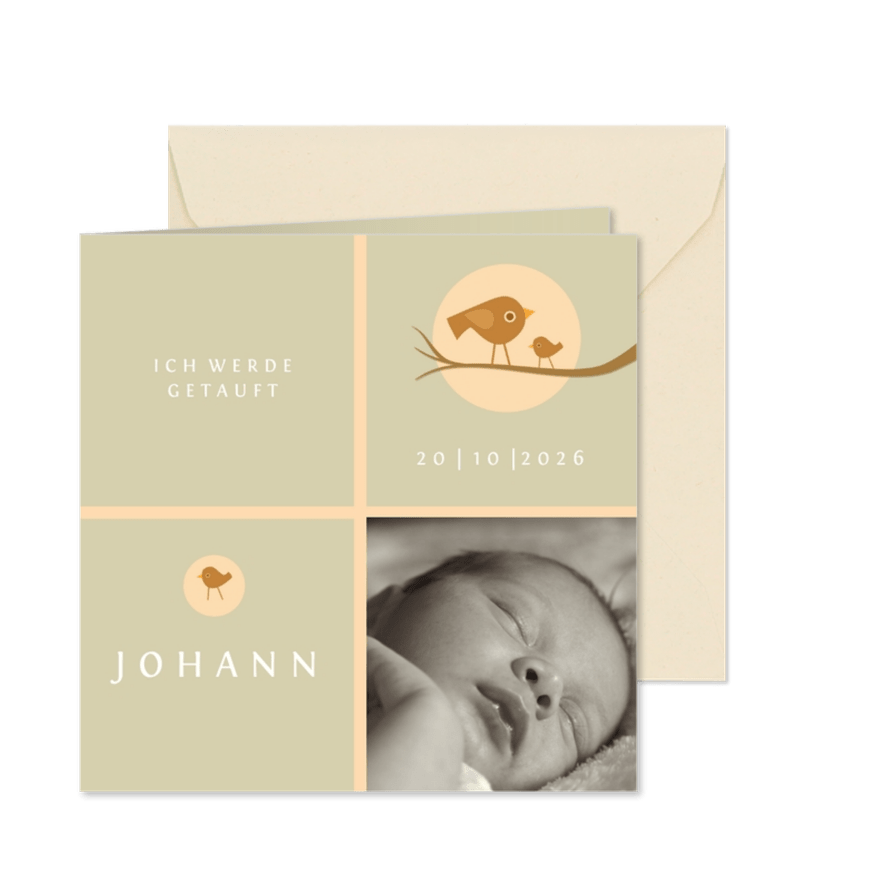 Einladungskarte Taufe eigenes Foto und kleine Vögel - Karteneindruck
