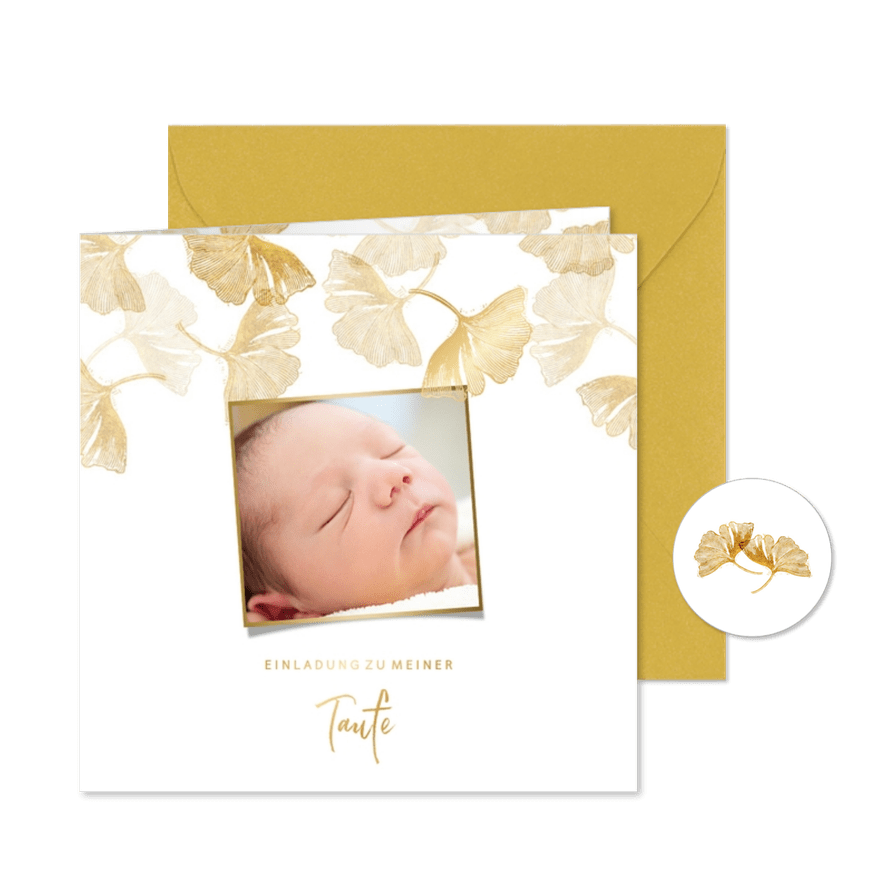 Einladungskarte Taufe Foto & Ginkgo Stempel - Karteneindruck