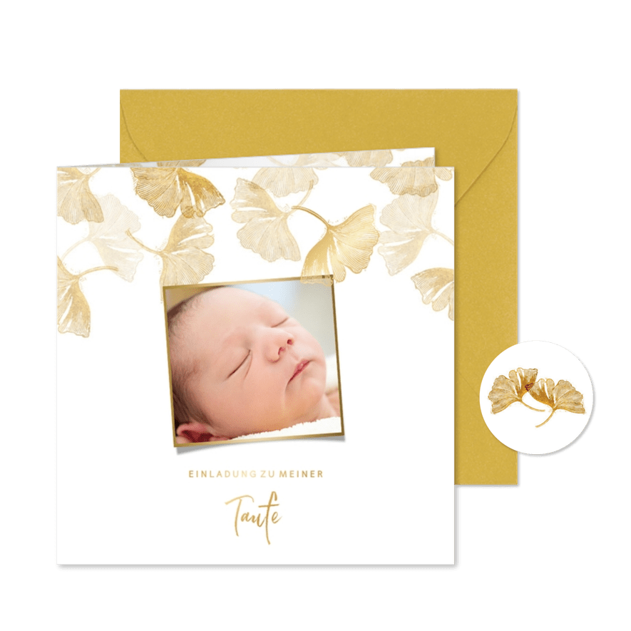 Einladungskarte Taufe Foto & Ginkgo Stempel - Karteneindruck
