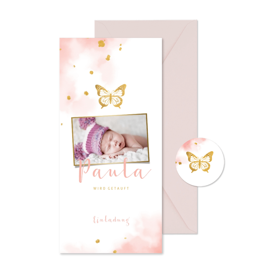 Einladungskarte Taufe Foto und Schmetterling - Karteneindruck
