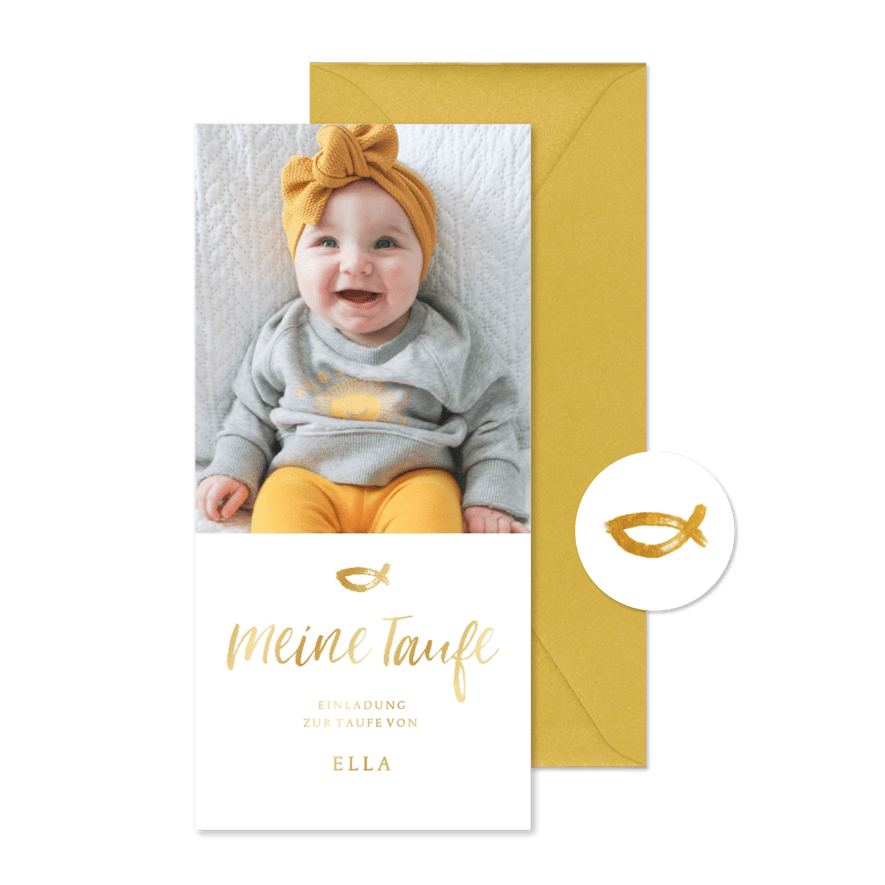 Einladungskarte Taufe großes Foto Ichthys ocker - Karteneindruck