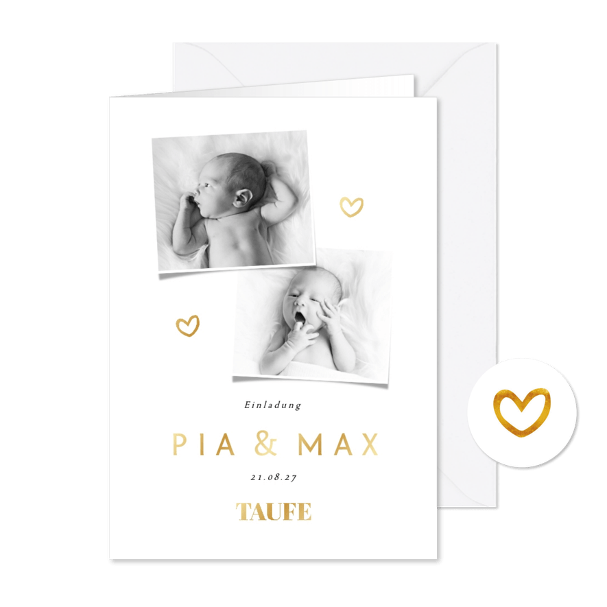 Einladungskarte Taufe Zwilling Fotos & Herzen Goldlook - Karteneindruck