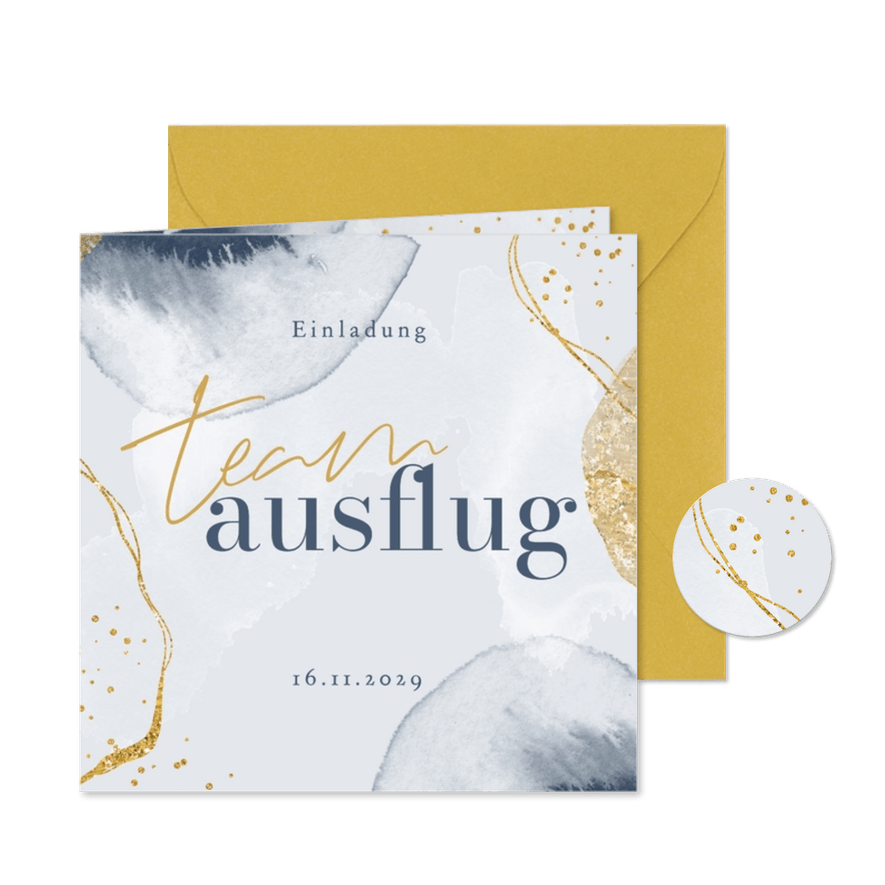 Einladungskarte Teamausflug Goldoptik & Aquarell - Karteneindruck