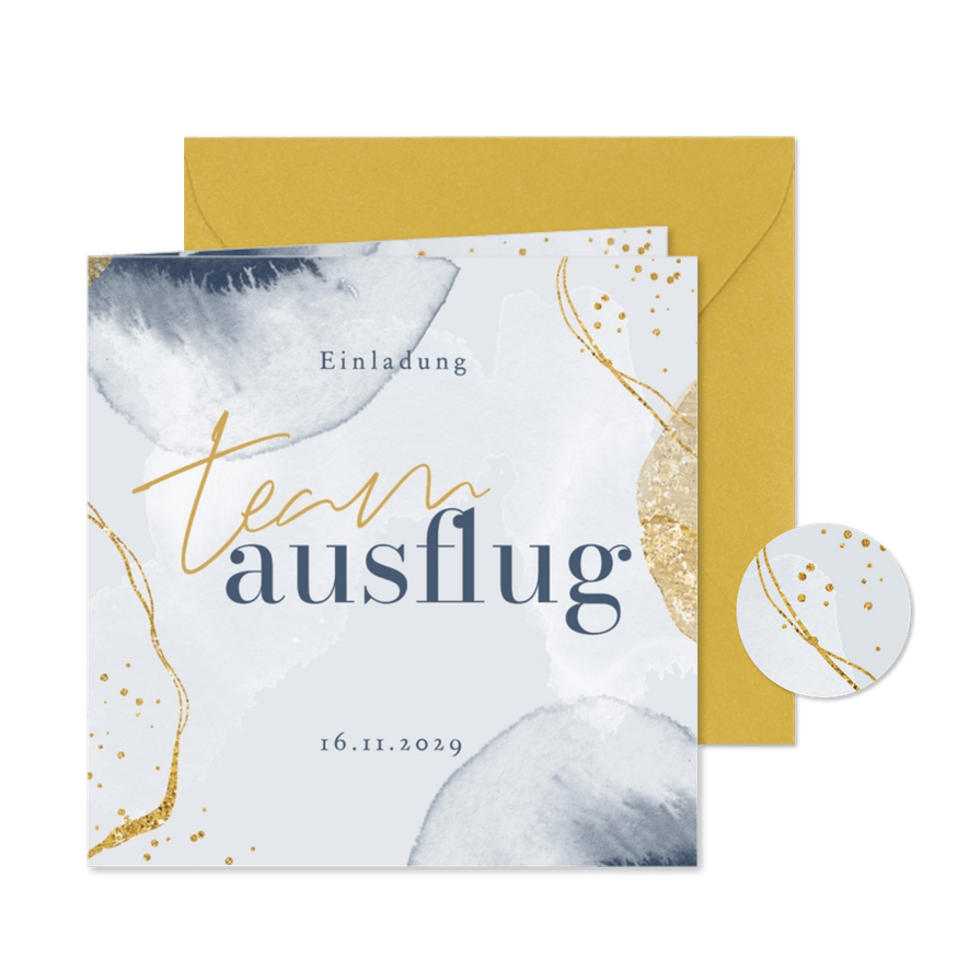 Einladungskarte Teamausflug Goldoptik & Aquarell - Karteneindruck