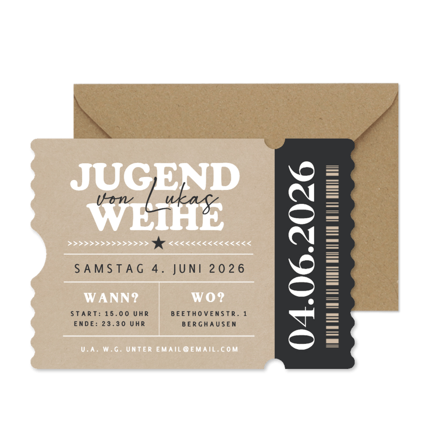 Einladungskarte Ticket Jugendweihe Kraftlook & Schwarz - Karteneindruck
