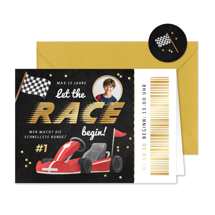 Einladungskarte Ticket Race Kart fahren mit Foto - Karteneindruck