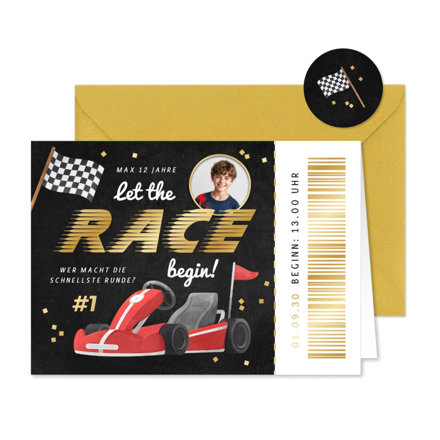 Einladungskarte Ticket Race Kart fahren mit Foto - Karteneindruck
