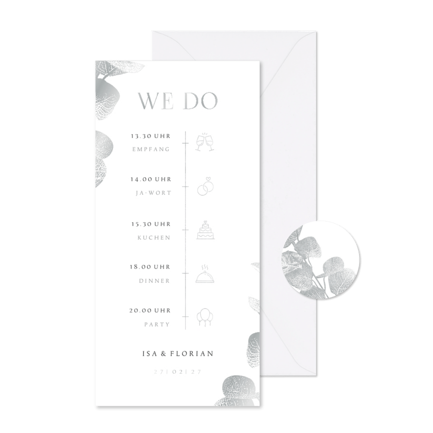 Einladungskarte Timeline Hochzeit Eukalyptus Silberlook - Karteneindruck
