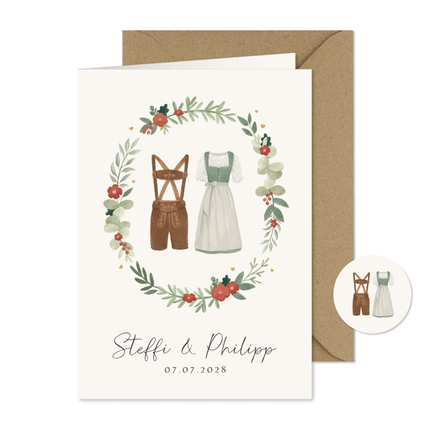 Einladungskarte Trachtenhochzeit Dirndl & Lederhose - Kartenvorschau