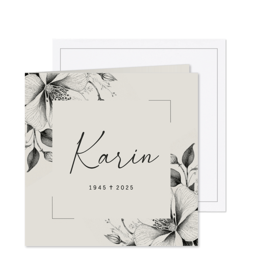 Einladungskarte Trauerfeier Name und Blütenzeichnung - Karteneindruck
