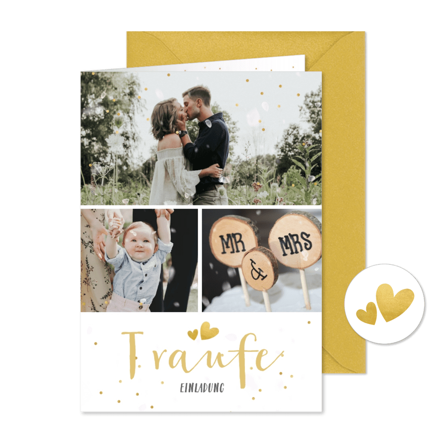 Einladungskarte Traufe Fotocollage, Konfetti und Timeline - Karteneindruck
