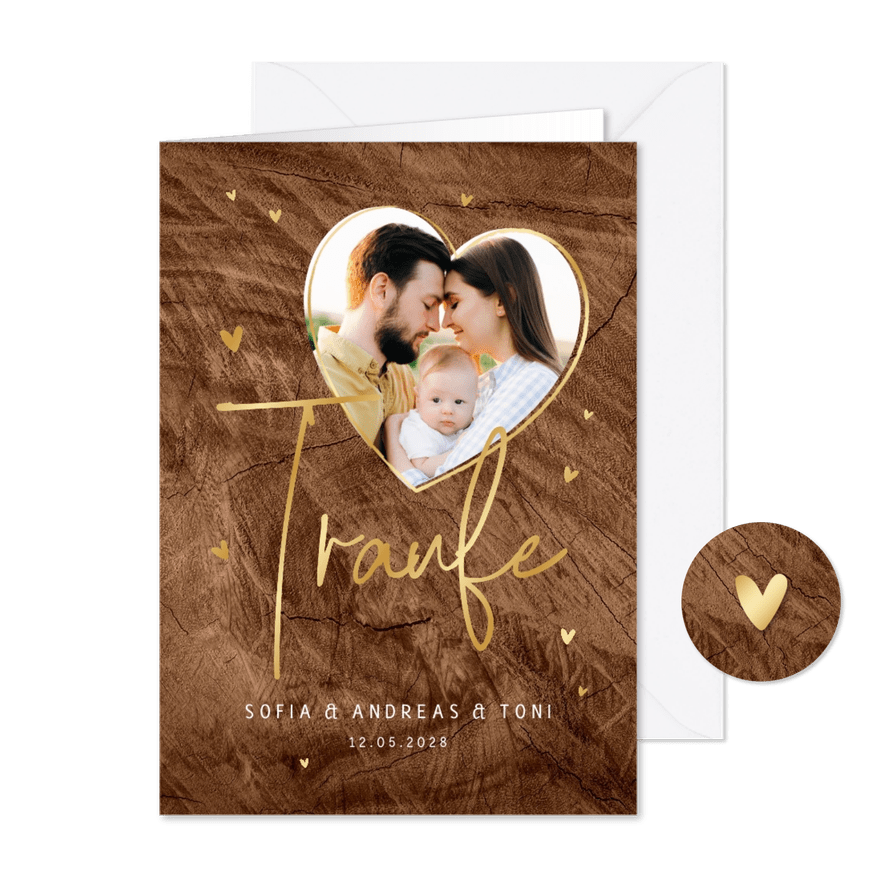 Einladungskarte Traufe Herzfoto & Goldschrift auf Holz - Karteneindruck