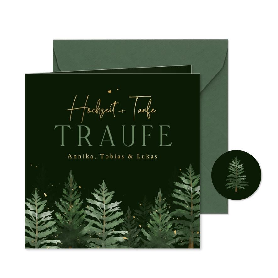 Einladungskarte Traufe Hochzeit Taufe Tannenbäume - Kartenvorschau