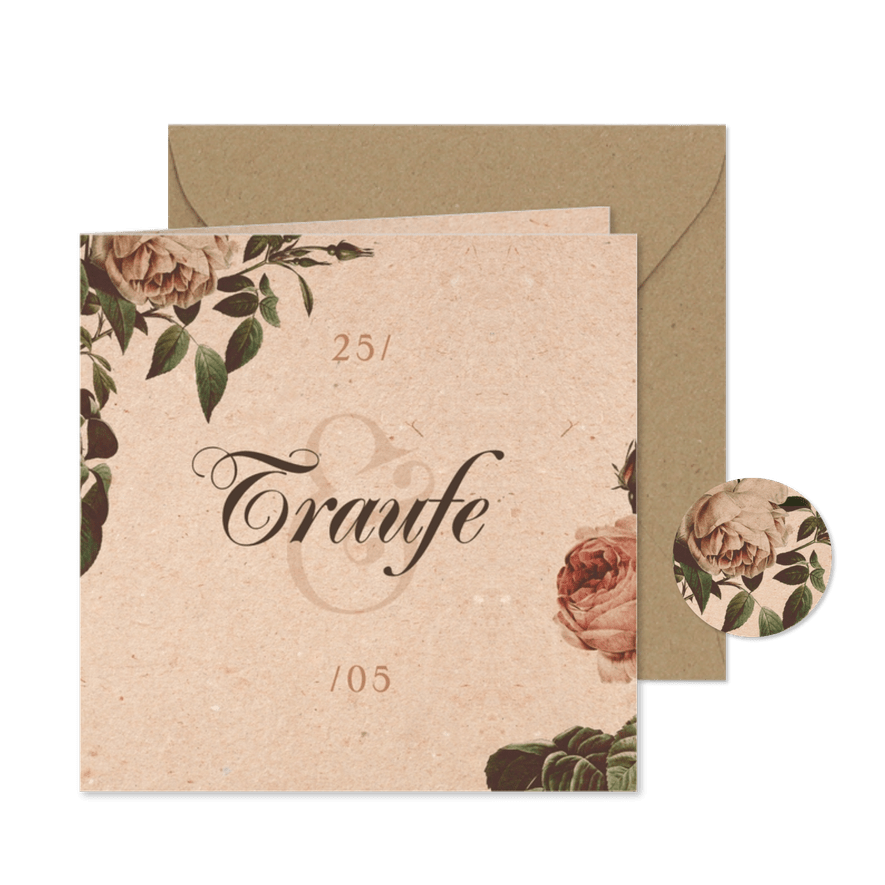 Einladungskarte Traufe Vintagerosen auf Kraftpapier - Karteneindruck