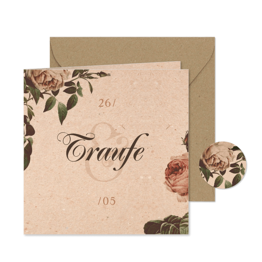 Einladungskarte Traufe Vintagerosen auf Kraftpapier - Karteneindruck
