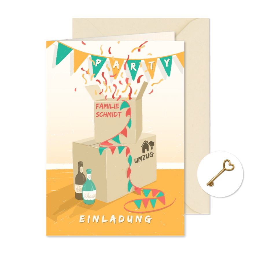 Einladungskarte Umzugskartons Abschiedsparty - Karteneindruck
