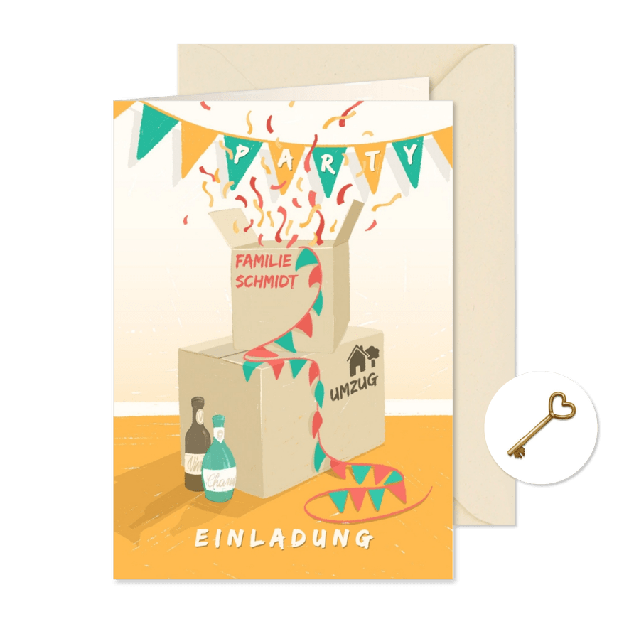 Einladungskarte Umzugskartons Abschiedsparty - Karteneindruck
