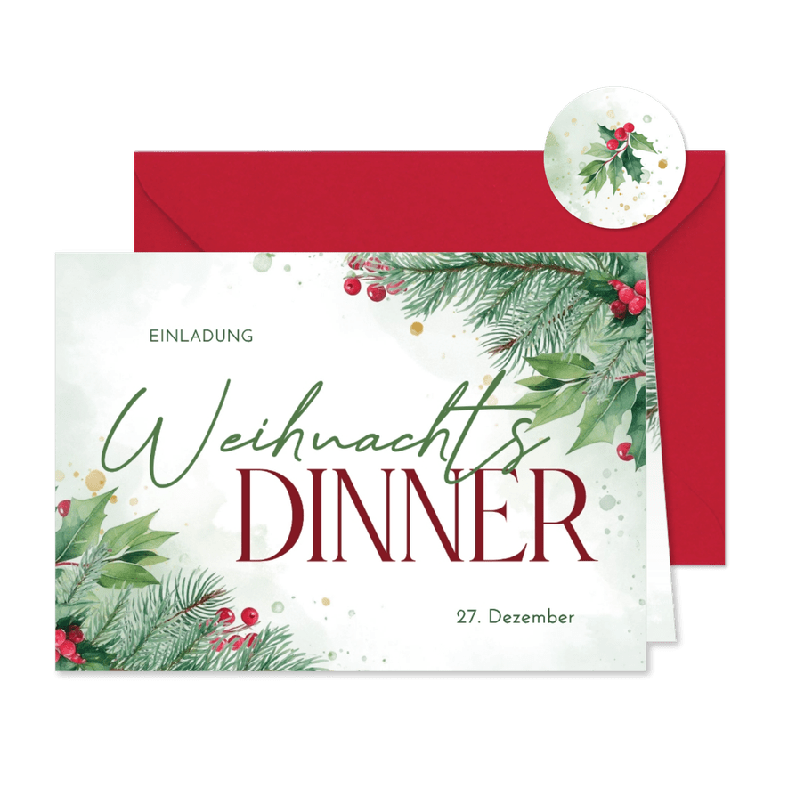 Einladungskarte Weihnachtsdinner Tannenzweige und Beeren - Kartenvorschau
