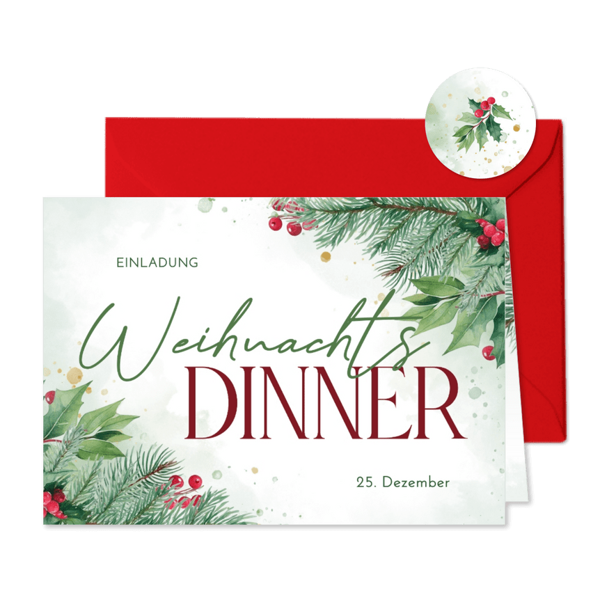 Einladungskarte Weihnachtsdinner Tannenzweige und Beeren - Karteneindruck
