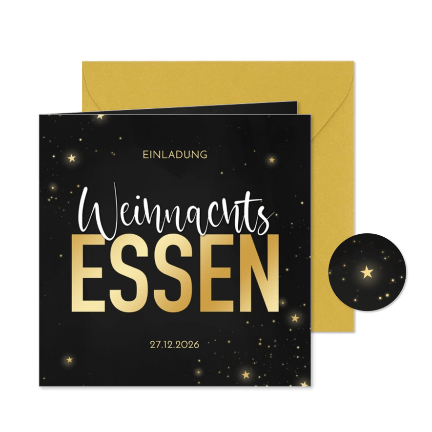 Einladungskarte Weihnachtsessen Goldoptik auf Schwarz - Kartenvorschau