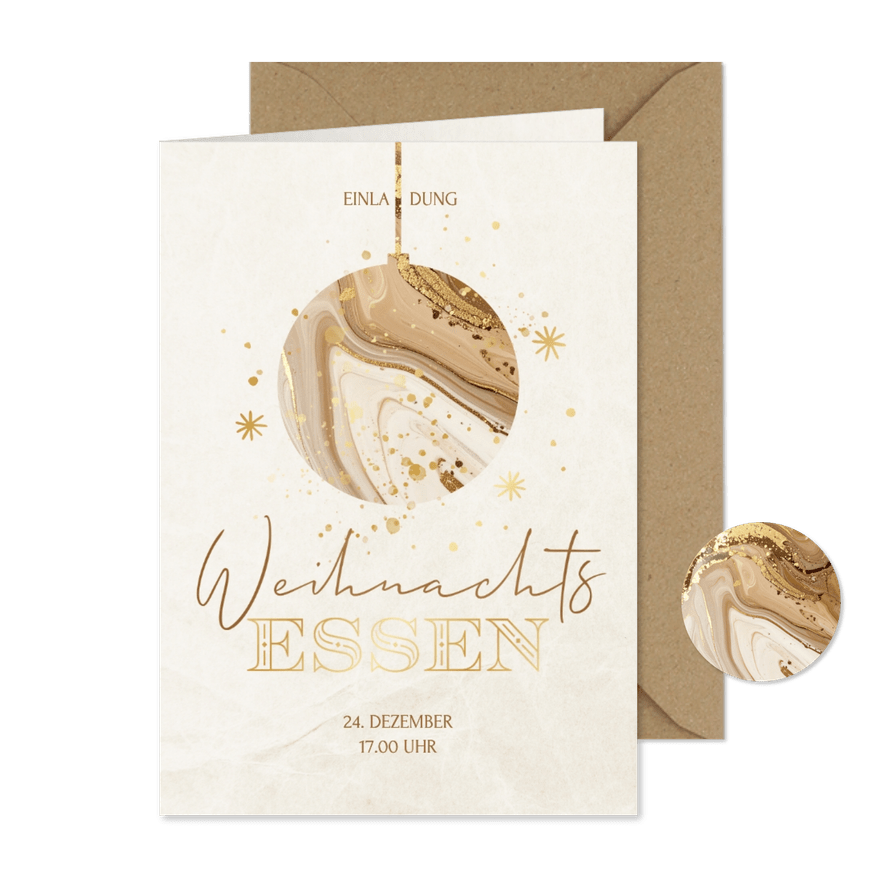 Einladungskarte Weihnachtsessen Marmoroptik Weihnachtskugel - Kartenvorschau