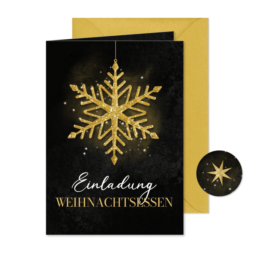 Einladungskarte Weihnachtsessen Schneekristall in Gold - Karteneindruck
