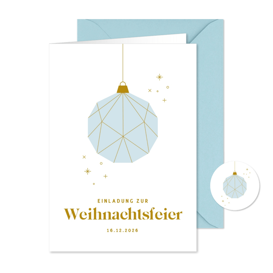 Einladungskarte Weihnachtsfeier blaue Weihnachtskugel - Kartenvorschau