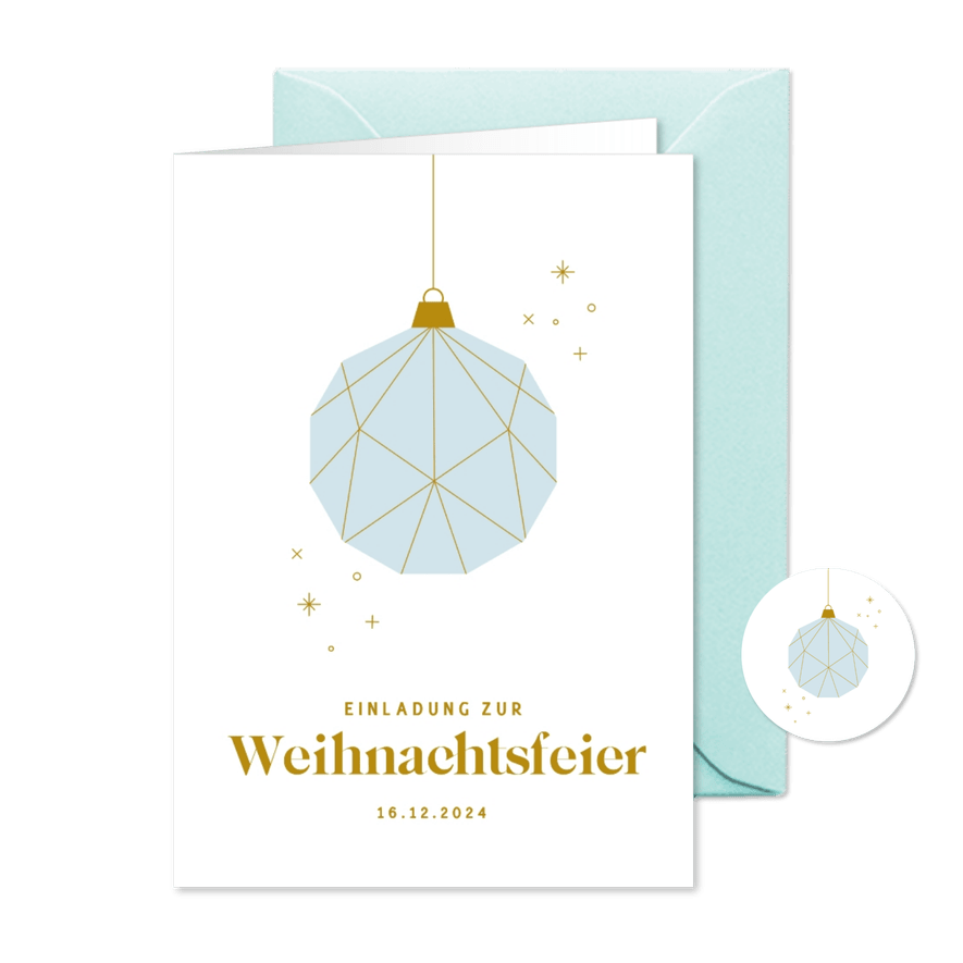 Einladungskarte Weihnachtsfeier blaue Weihnachtskugel - Karteneindruck
