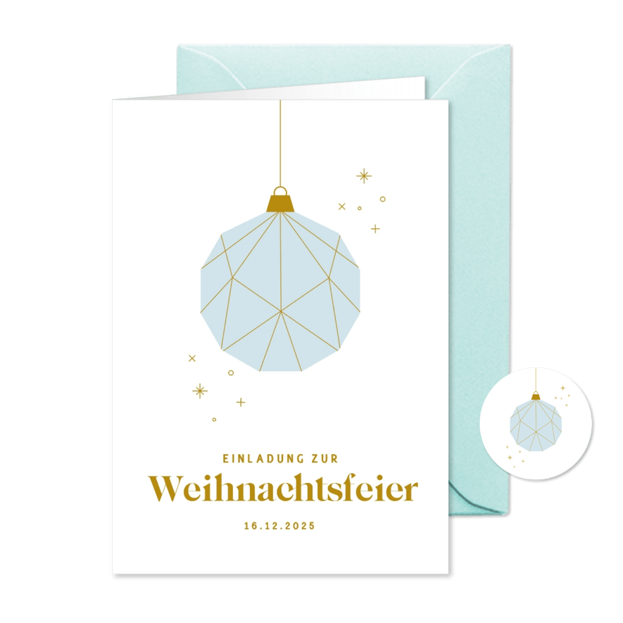 Einladungskarte Weihnachtsfeier blaue Weihnachtskugel - Karteneindruck