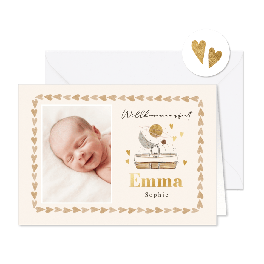 Einladungskarte Willkomensfest Foto & Weidekörbchen - Karteneindruck