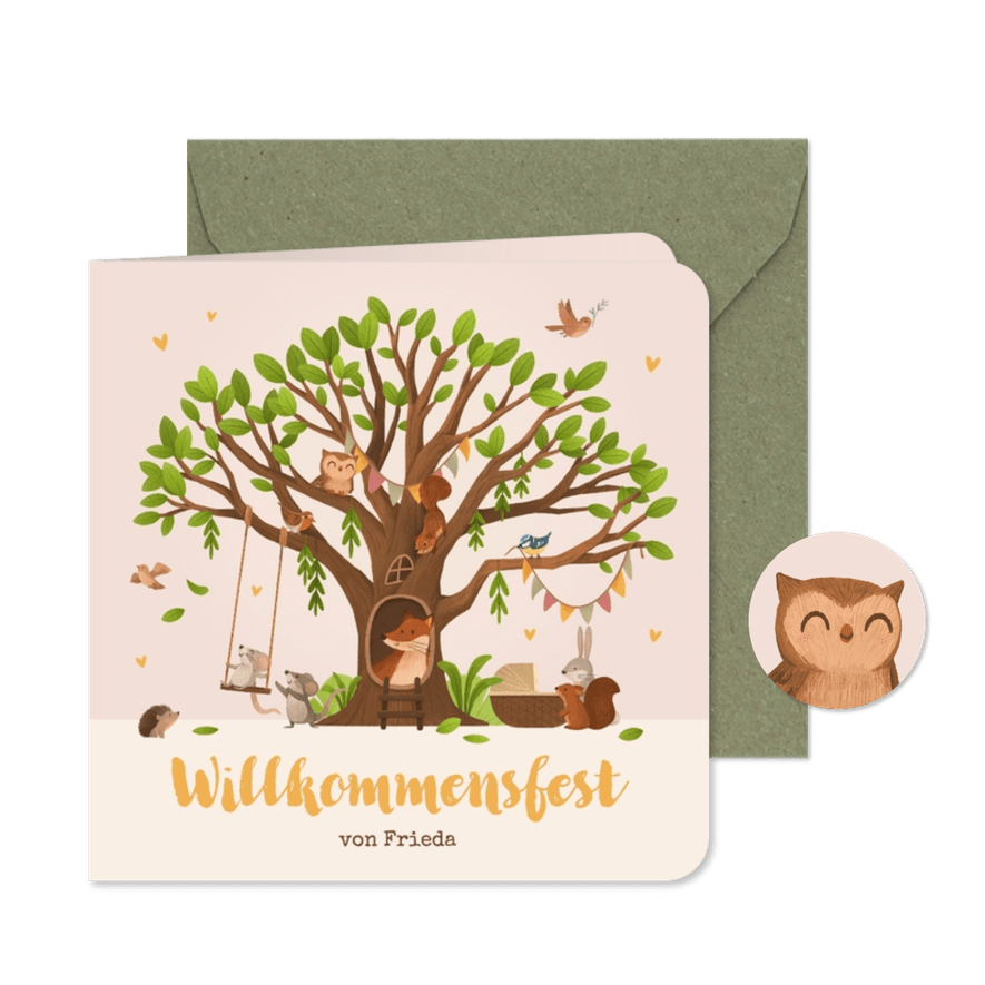 Einladungskarte Willkommensfest Baum & Waldtiere - Karteneindruck
