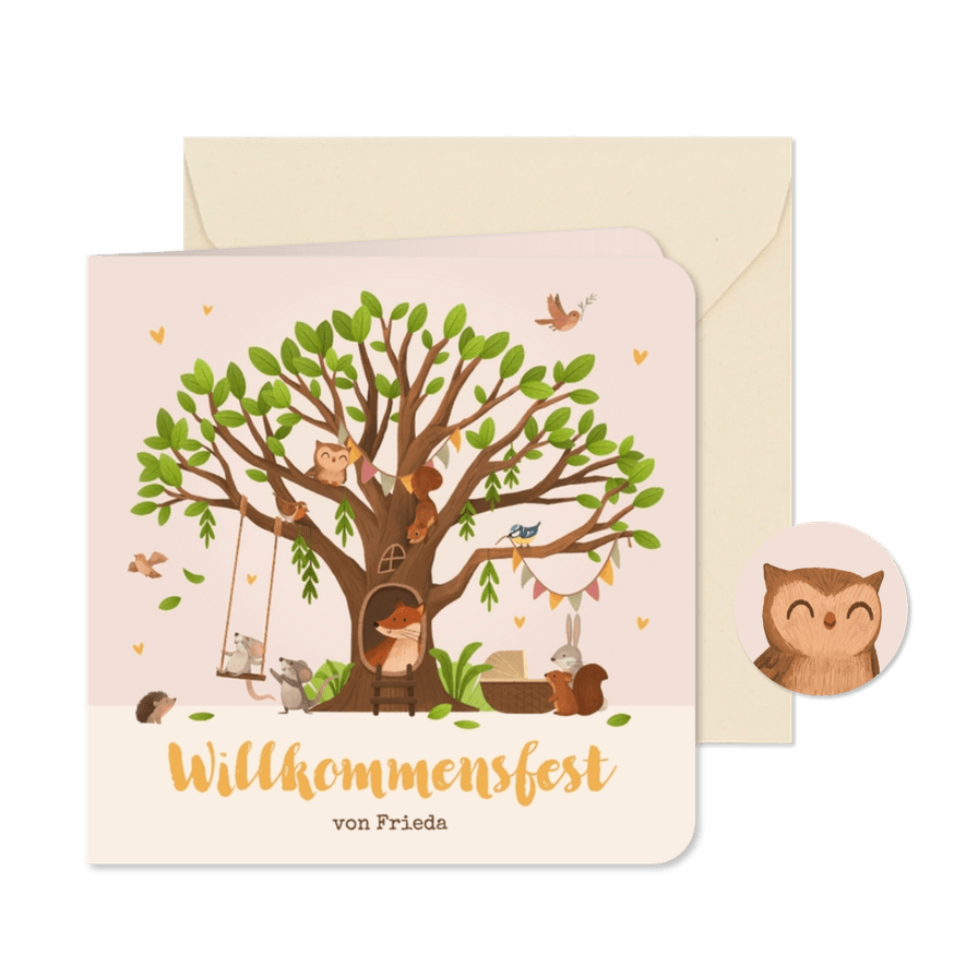 Einladungskarte Willkommensfest Baum & Waldtiere - Karteneindruck