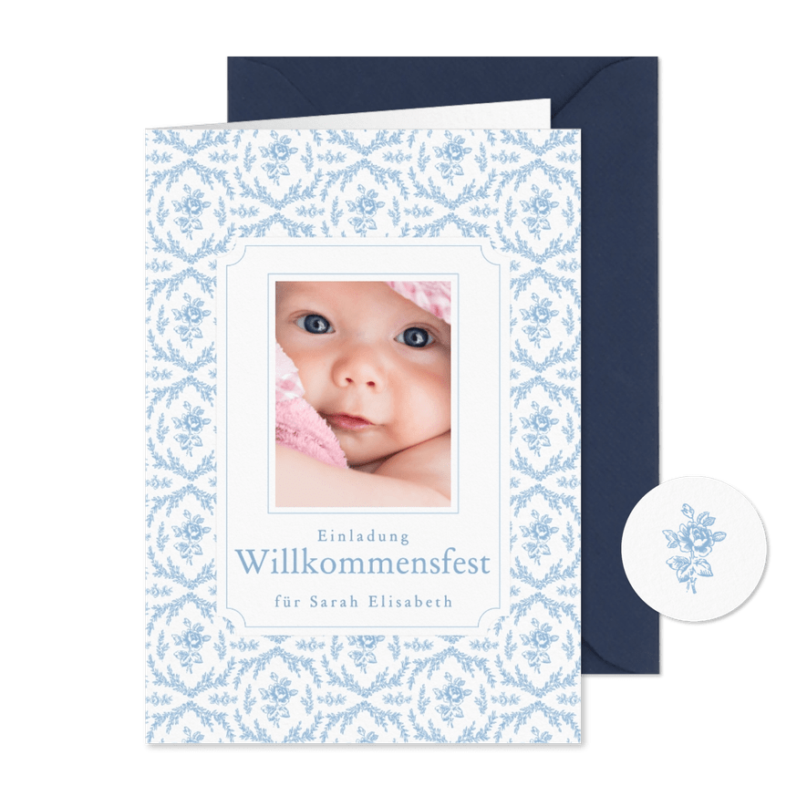 Einladungskarte Willkommensfest blaue Rosen - Kartenvorschau