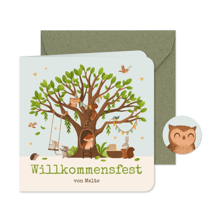 Einladungskarte Willkommensfest Waldtiere & Baum - Kartenvorschau
