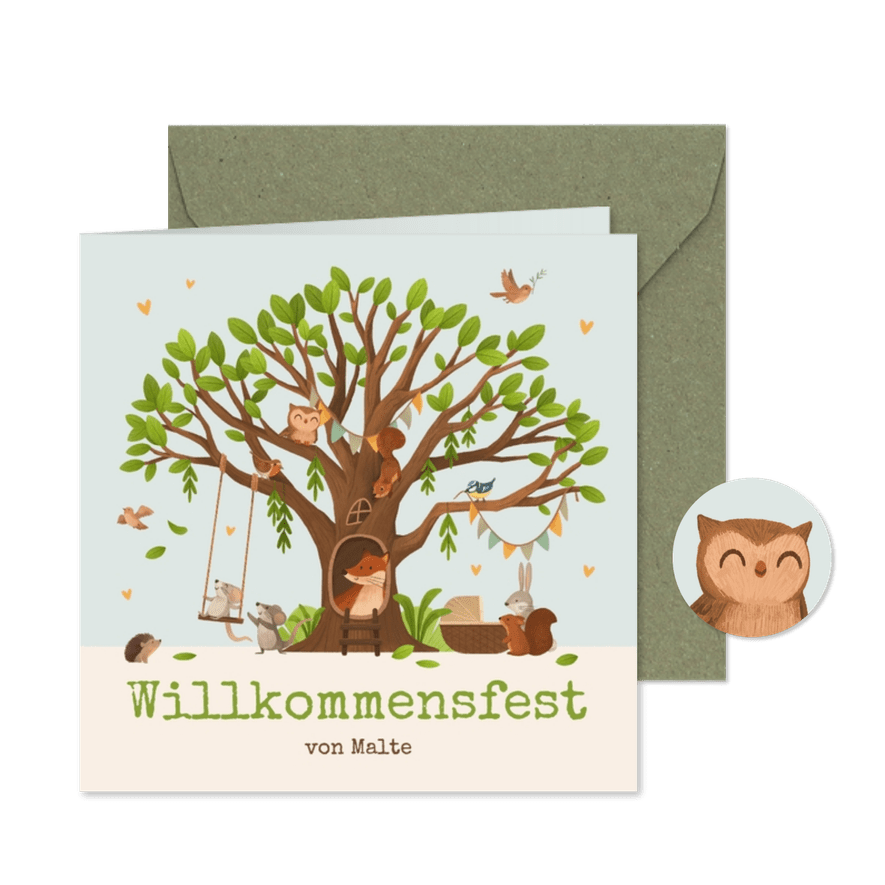 Einladungskarte Willkommensfest Waldtiere & Baum - Karteneindruck
