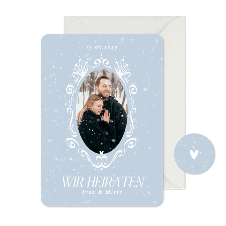 Einladungskarte Winterhochzeit Schneeflocken mit Foto - Karteneindruck
