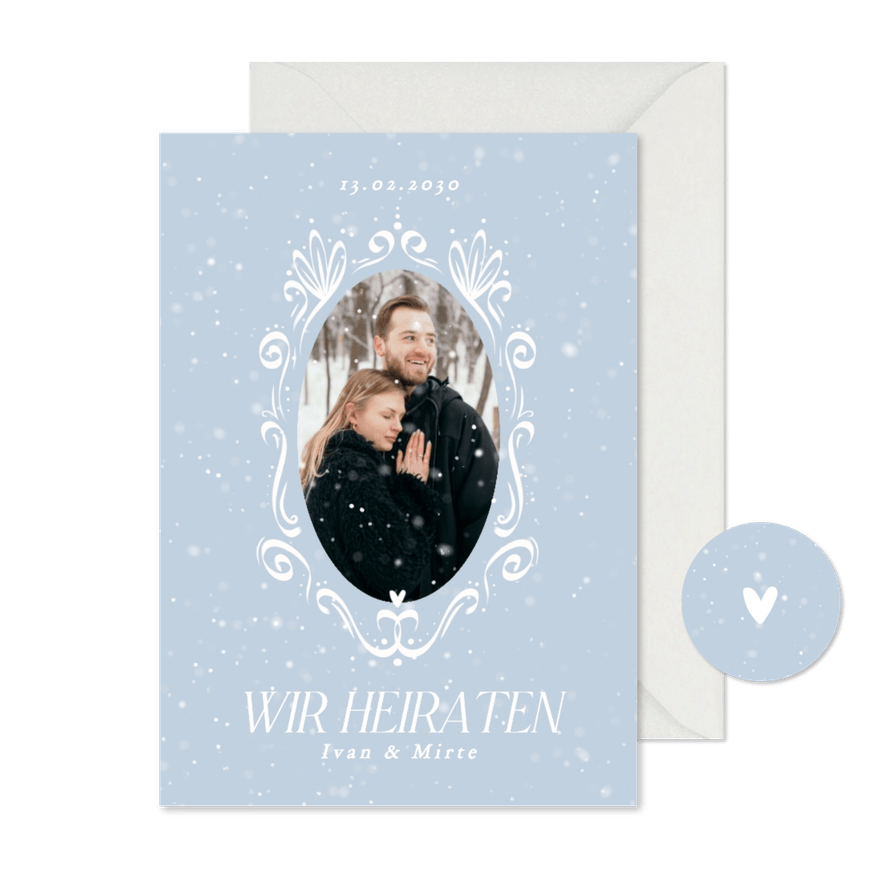 Einladungskarte Winterhochzeit Schneeflocken mit Foto - Karteneindruck