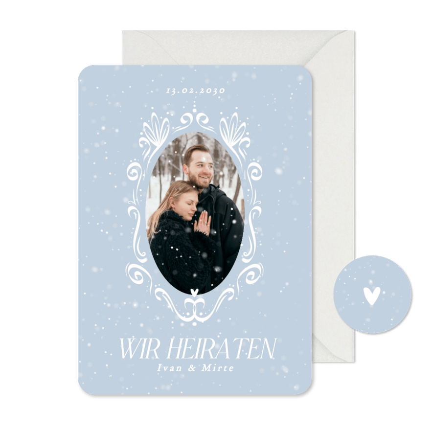 Einladungskarte Winterhochzeit Schneeflocken mit Foto - Kartenvorschau