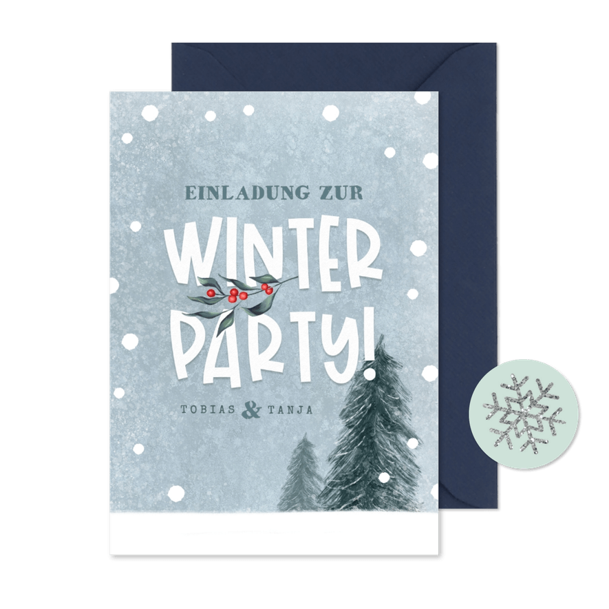 Einladungskarte Winterparty Schnee & Tannen - Karteneindruck
